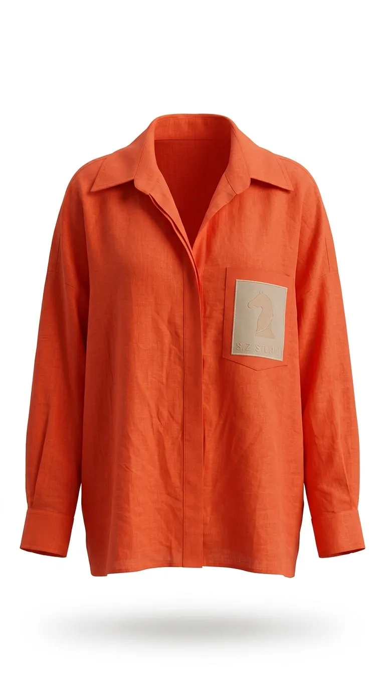 shomiz_linen_orange شومیز لینن جیب گلدوزی - Image 1